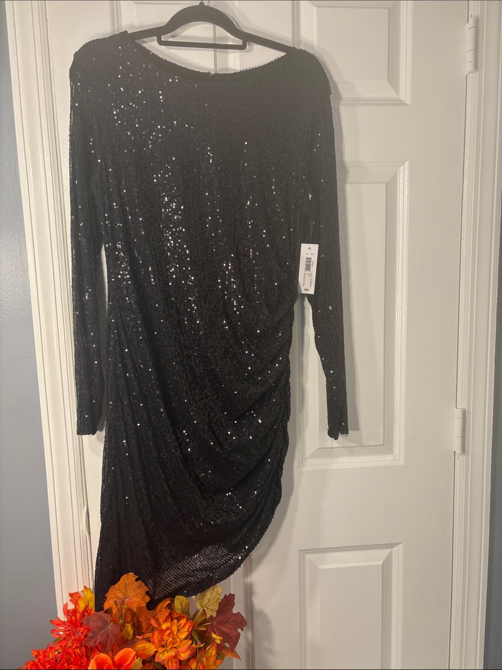 Black Sequin Long-Sleeve Draped Dress